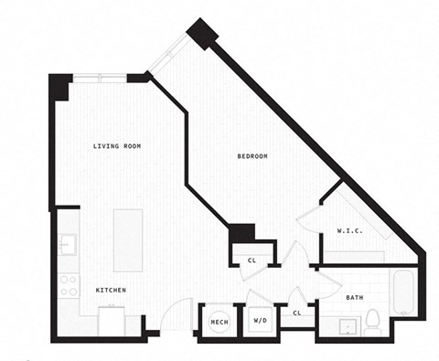 Floor plan for 1 bed, 1 bath, 834 sqft
