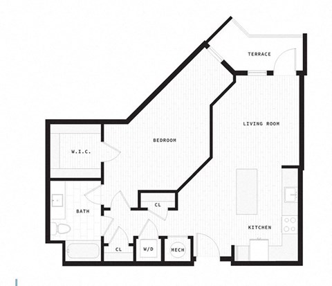 Floor plan for 1 bed, 1 bath, 837 sqft