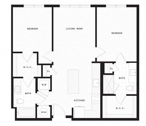Floor plan for 2 beds, 2 baths, 985 sqft