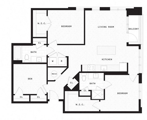 Floor plan for 2 beds, 2 baths, 1288 sqft