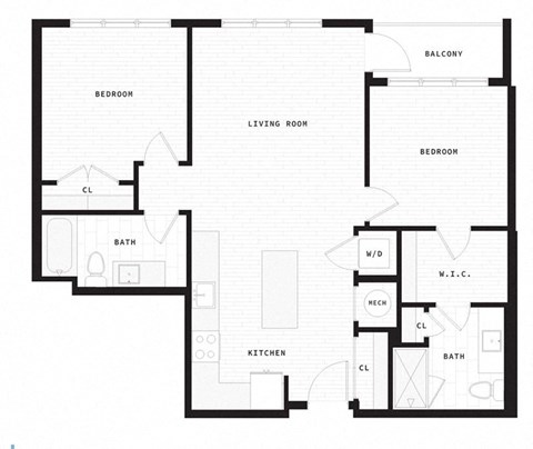Floor plan for 2 beds, 2 baths, 1019 sqft