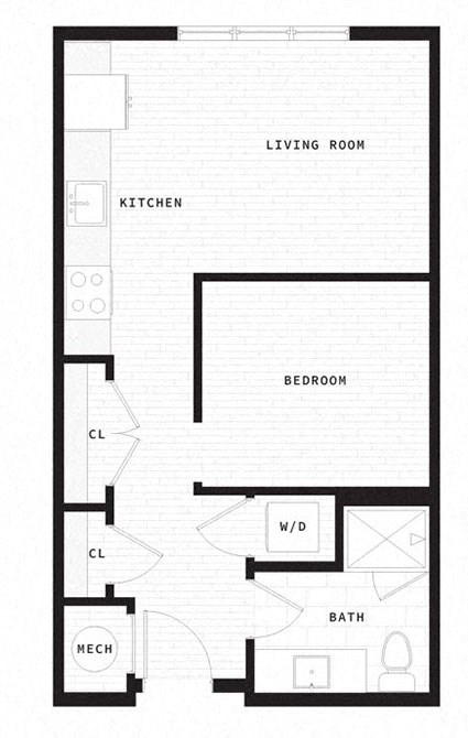 Floor plan for 1 bed, 1 bath, 564 sqft