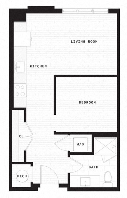 Floor plan for 1 bed, 1 bath, 606 sqft