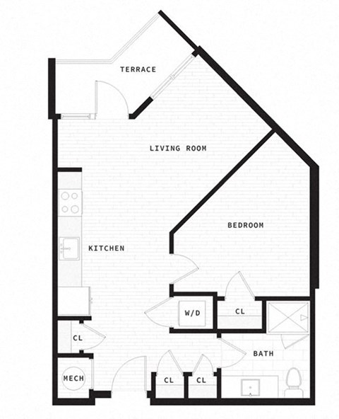 Floor plan for 1 bed, 1 bath, 656 sqft