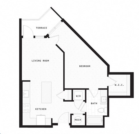 Floor plan for 1 bed, 1 bath, 701 sqft