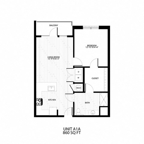 Floor plan for 1 bed, 1 bath, 860 sqft