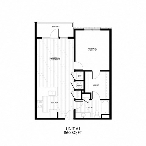 Floor plan for 1 bed, 1 bath, 860 sqft