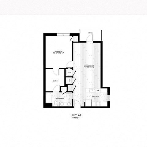 Floor plan for 1 bed, 1 bath, 859 sqft