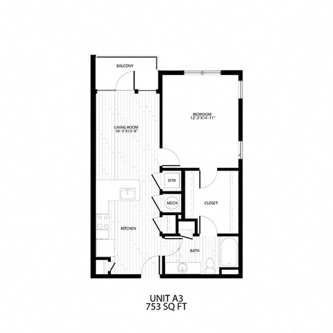 Floor plan for 1 bed, 1 bath, 753 sqft