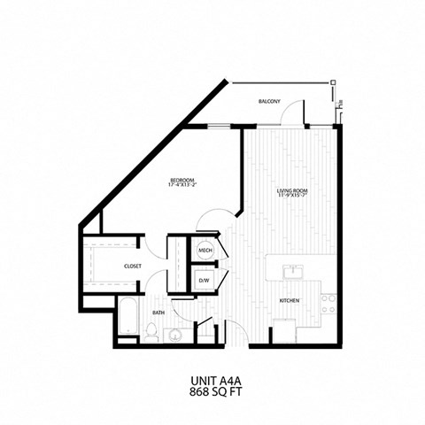 Floor plan for 1 bed, 1 bath, 868 sqft