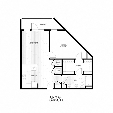 Floor plan for 1 bed, 1 bath, 868 sqft