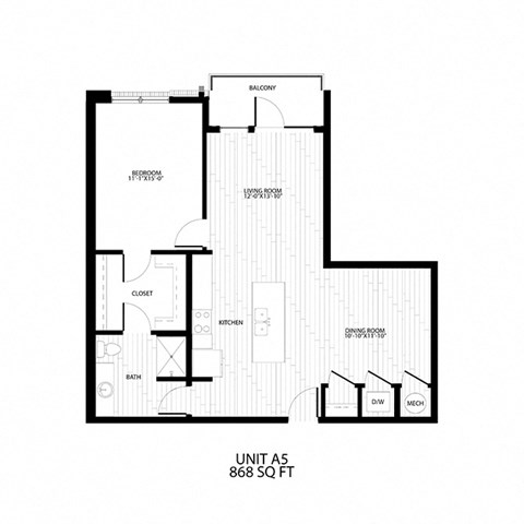 Floor plan for 1 bed, 1 bath, 868 sqft