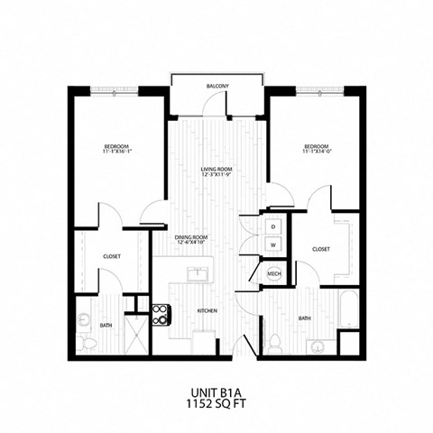 Floor plan for 2 beds, 2 baths, 1152 sqft