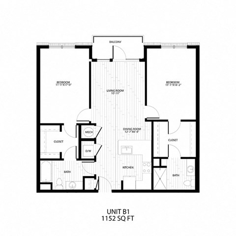 Floor plan for 2 beds, 2 baths, 1152 sqft