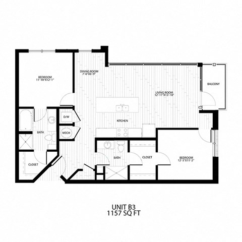 Floor plan for 2 beds, 2 baths, 1157 sqft