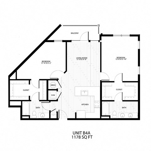 Floor plan for 2 beds, 2 baths, 1178 sqft