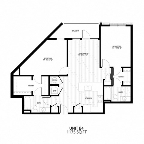 Floor plan for 2 beds, 2 baths, 1175 sqft