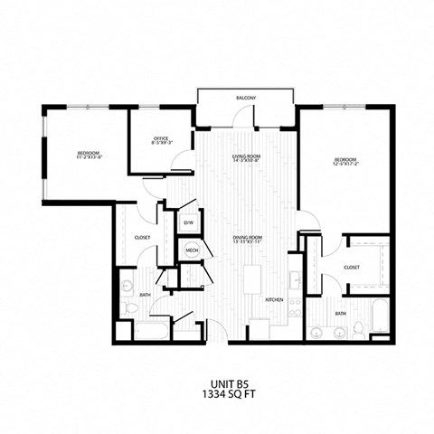 Floor plan for 2 beds, 2 baths, 1334 sqft