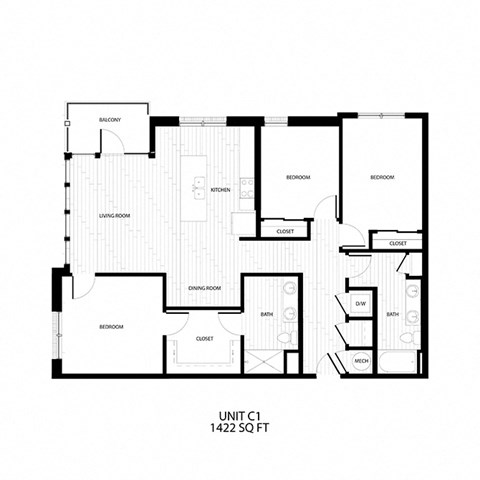 Floor plan for 3 beds, 2 baths, 1422 sqft