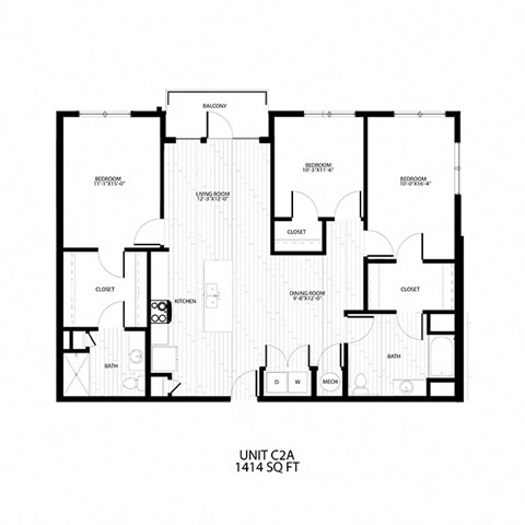 Floor plan for 3 beds, 2 baths, 1414 sqft
