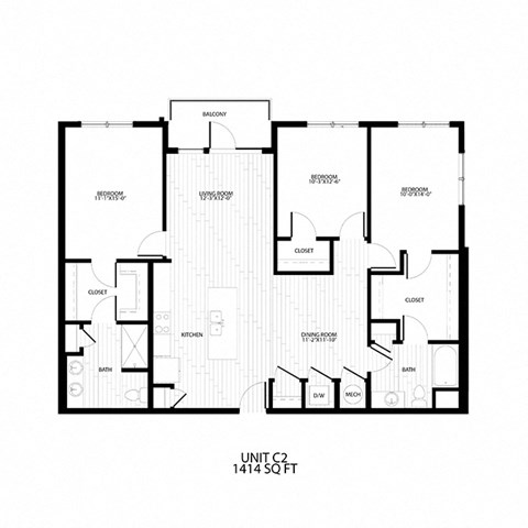 Floor plan for 3 beds, 2 baths, 1414 sqft