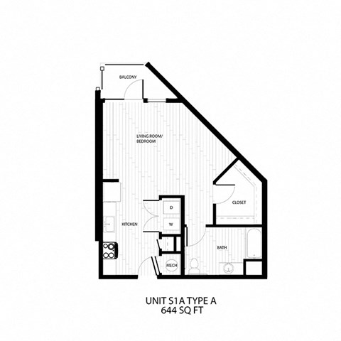 Floor plan for studio, 1 bath, 644 sqft
