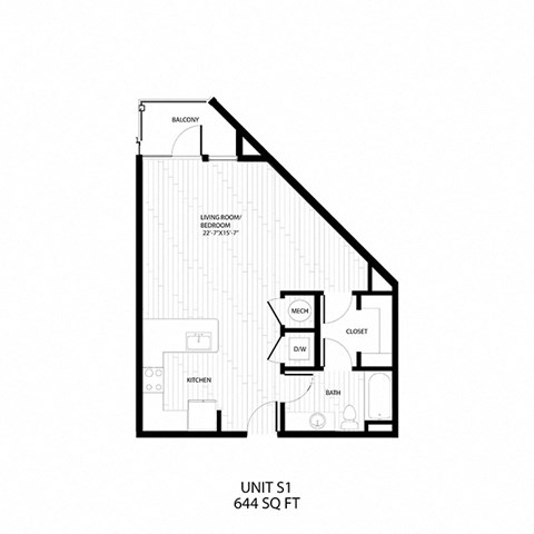 Floor plan for studio, 1 bath, 644 sqft