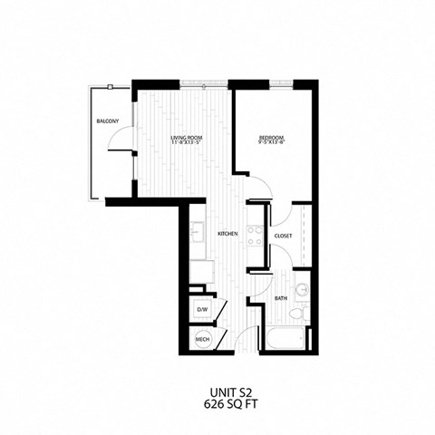 Floor plan for studio, 1 bath, 626 sqft