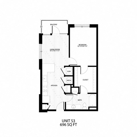 Floor plan for 1 bed, 1 bath, 696 sqft