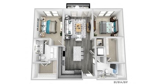 Floor plan for 2 beds, 2 baths, 1077 sqft