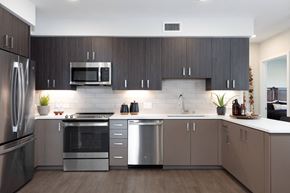 Milpitas apartment for rent - a modern kitchen with stainless steel appliances and dark wood cabinets