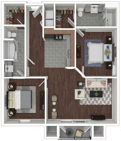Floor plan for 2 beds, 2 baths, 1053 sqft