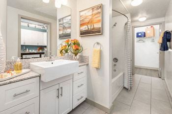 Bathroom with sink, mirror and tub