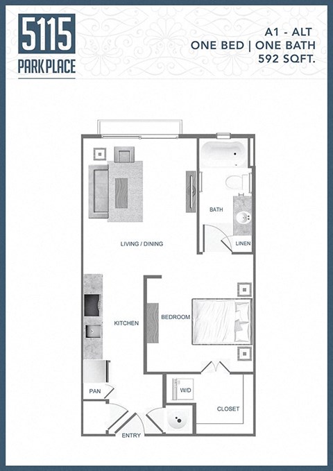 Floor plan for studio, 1 bath, 592 sqft