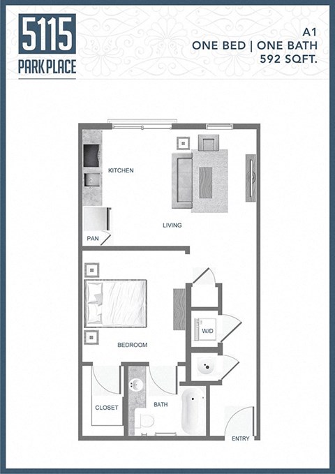 Floor plan for studio, 1 bath, 592 sqft