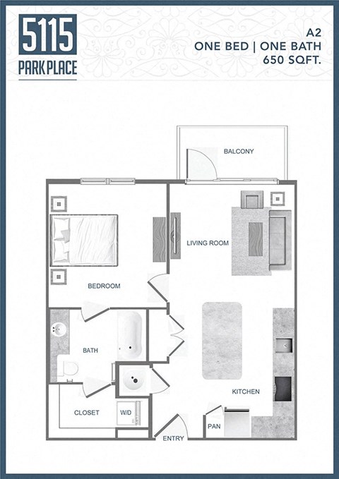 Floor plan for 1 bed, 1 bath, 650 sqft
