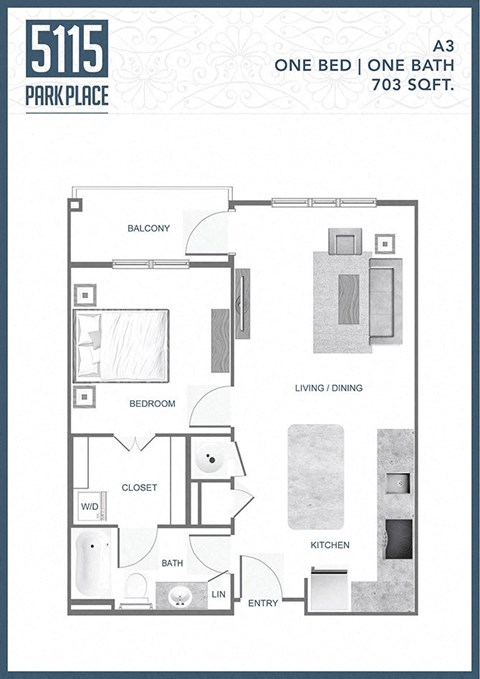 Floor plan for 1 bed, 1 bath, 703 sqft