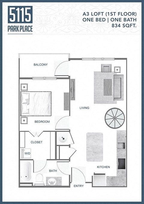 Floor plan for 1 bed, 1 bath, 834 sqft
