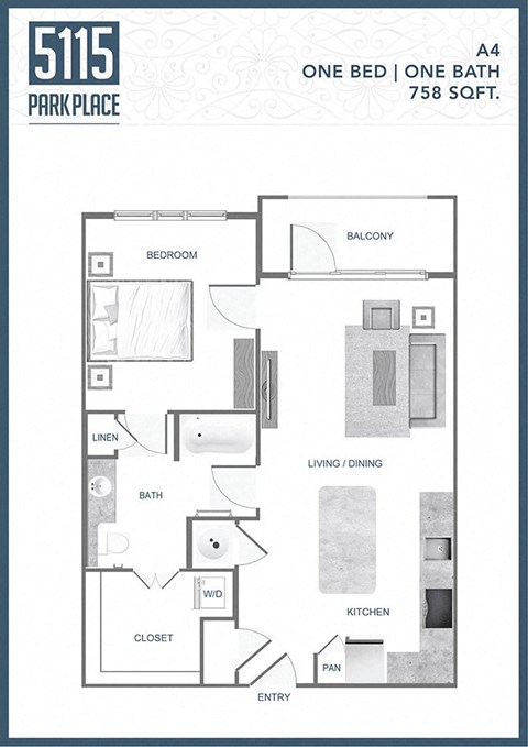 Floor plan for 1 bed, 1 bath, 758 sqft