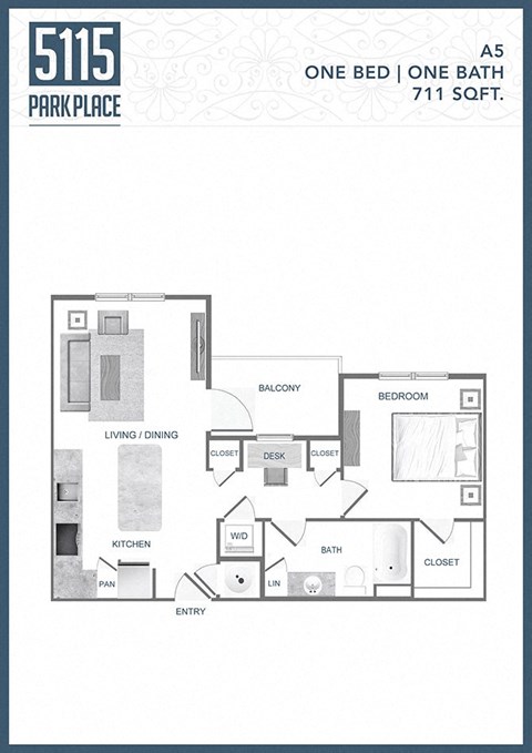 Floor plan for 1 bed, 1 bath, 711 sqft