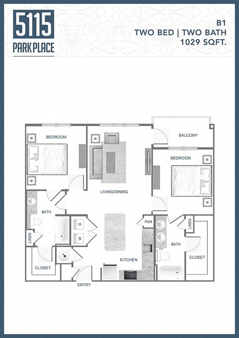 Floor plan for 2 beds, 2 baths, 1029 sqft