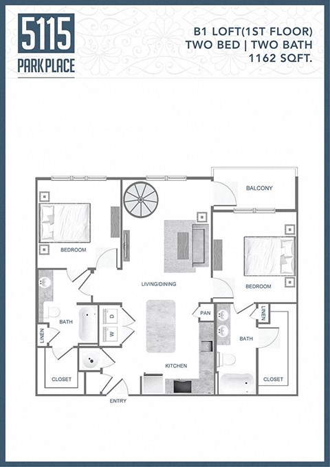 Floor plan for 2 beds, 2 baths, 1162 sqft