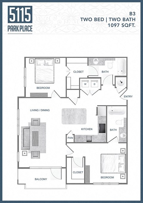 Floor plan for 2 beds, 2 baths, 1097 sqft
