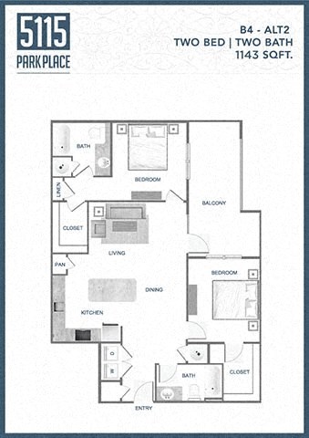 Floor plan for 2 beds, 2 baths, 1143 sqft