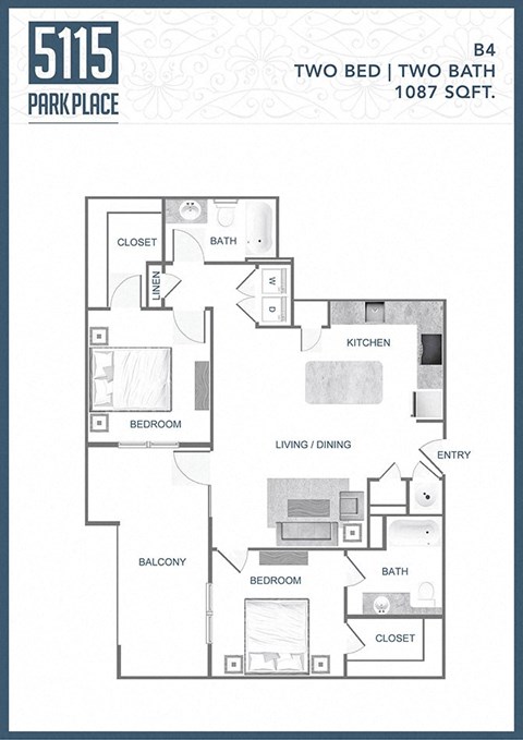 Floor plan for 2 beds, 2 baths, 1087 sqft
