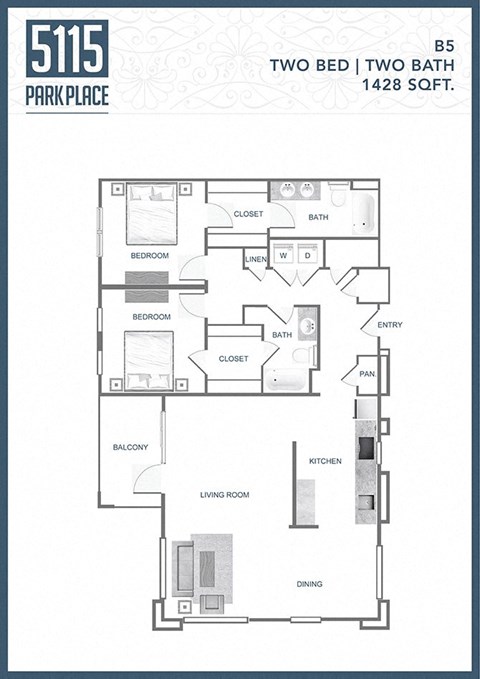 Floor plan for 2 beds, 2 baths, 1428 sqft