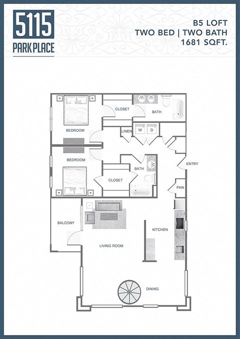 Floor plan for 2 beds, 2 baths, 1681 sqft