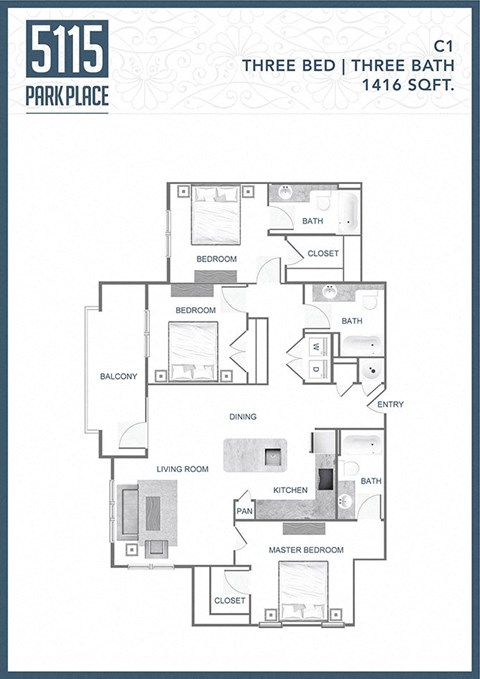 Floor plan for 3 beds, 3 baths, 1416 sqft