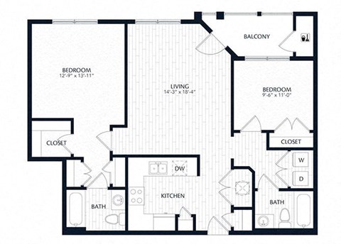 Floor plan for 2 beds, 2 baths, 1068 sqft