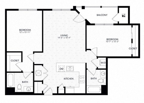 Floor plan for 2 beds, 2 baths, 1115 sqft